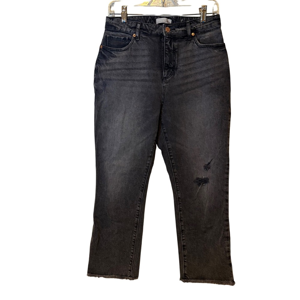 LOFT The Curvy Straight Crop Jeans Black Wash Distressed Raw Hem Size 4 27